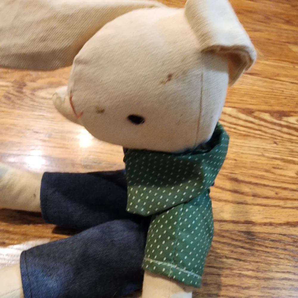 Rustic Primative Boy Bunny in Overalls and a Green Polka-dot Shirt approx. 13